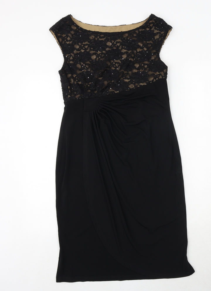 Connected Womens Black Nylon Pencil Dress Size 8 Boat Neck Pullover - Lace Detail