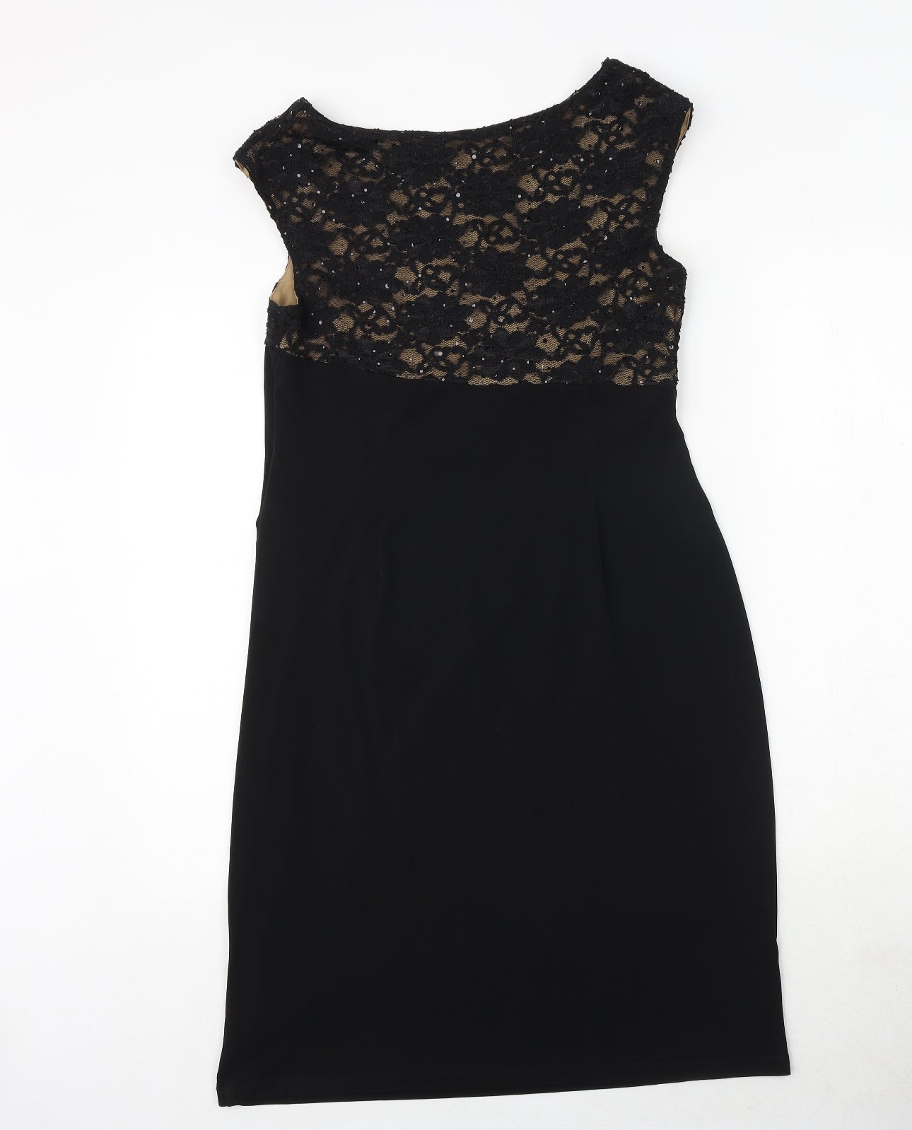 Connected Womens Black Nylon Pencil Dress Size 8 Boat Neck Pullover - Lace Detail