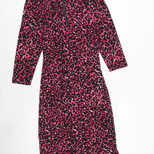 CC Womens Pink Animal Print Polyester Bodycon Size M V-Neck Zip