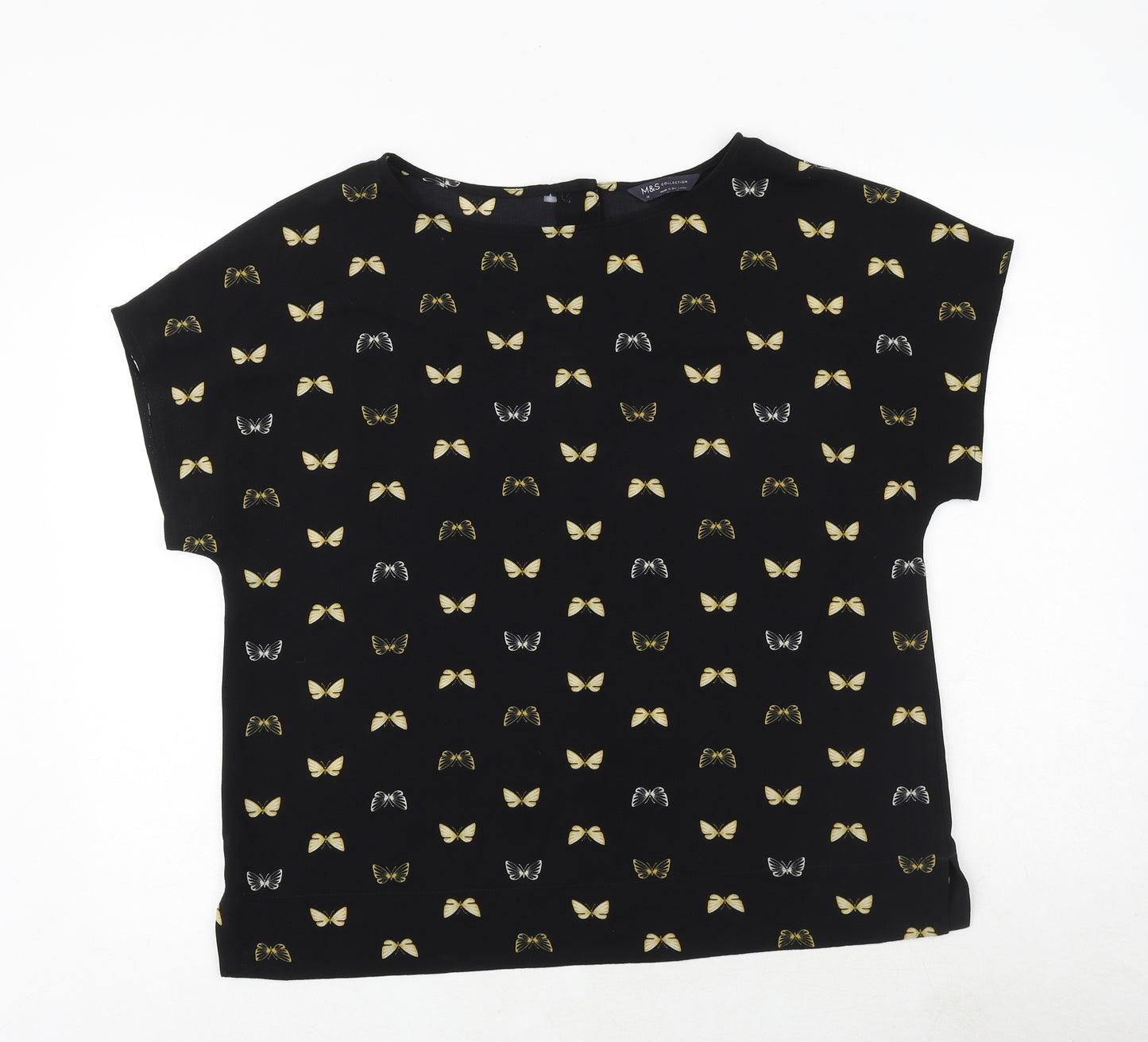 Marks and Spencer Womens Black Geometric Polyester Basic T-Shirt Size 16 Round Neck - Butterfly