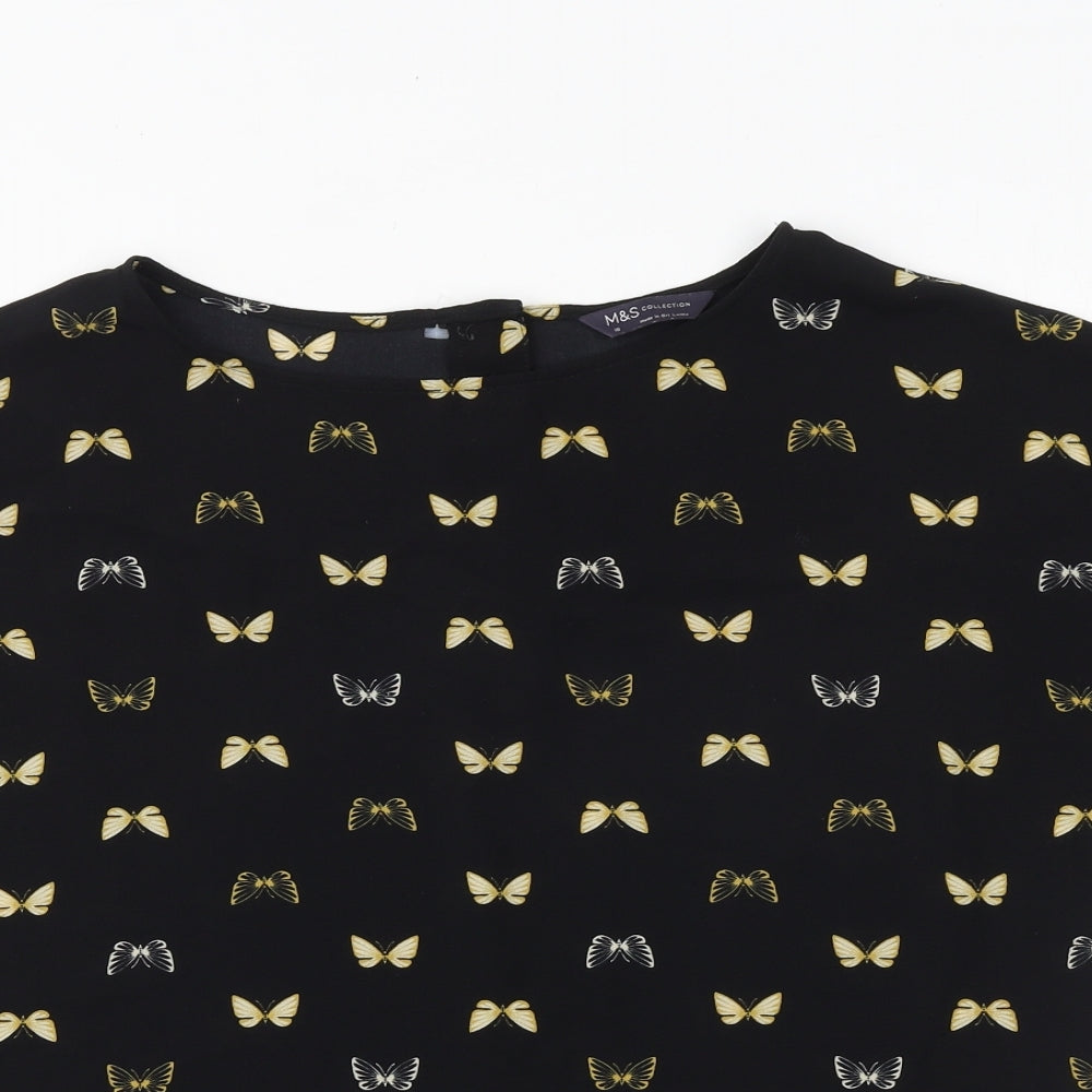 Marks and Spencer Womens Black Geometric Polyester Basic T-Shirt Size 16 Round Neck - Butterfly