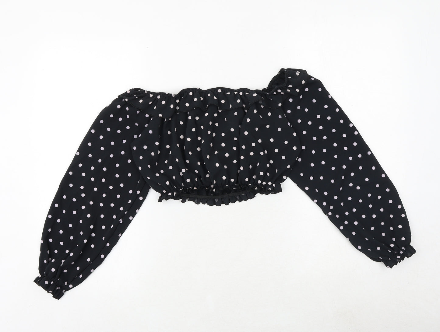 Boohoo Womens Black Polka Dot Polyester Cropped Blouse Size 12 Boat Neck