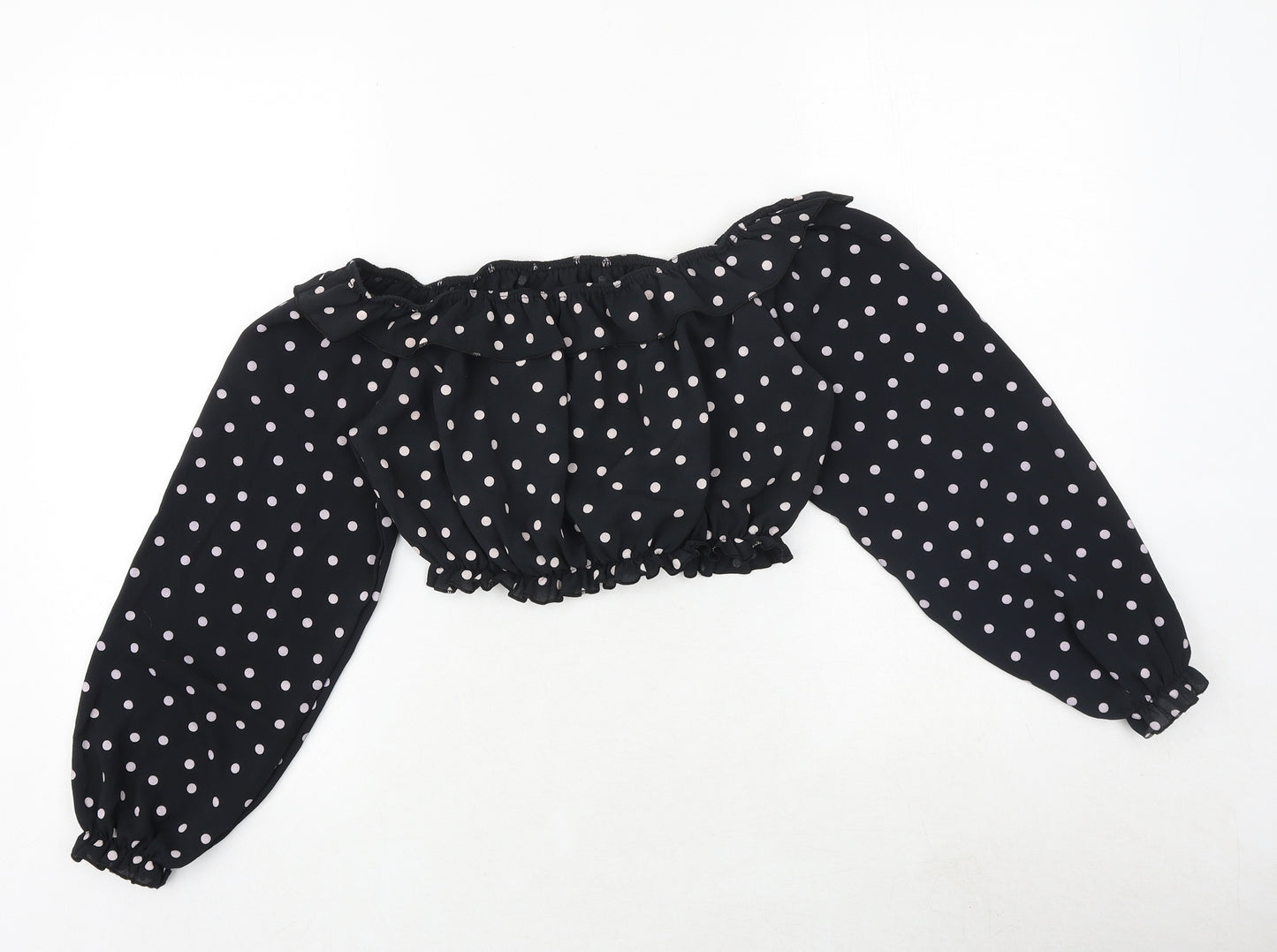 Boohoo Womens Black Polka Dot Polyester Cropped Blouse Size 12 Boat Neck