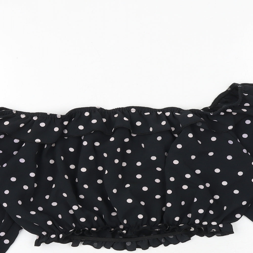 Boohoo Womens Black Polka Dot Polyester Cropped Blouse Size 12 Boat Neck