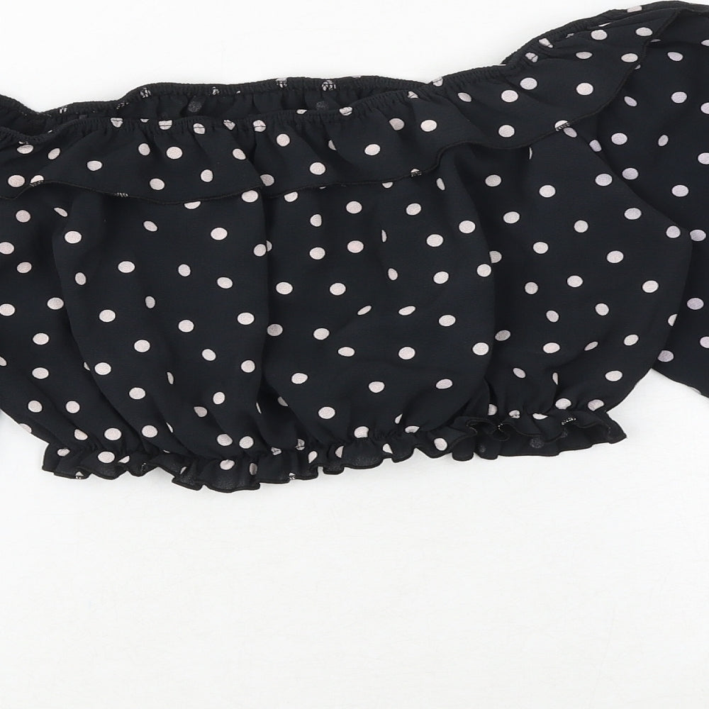 Boohoo Womens Black Polka Dot Polyester Cropped Blouse Size 12 Boat Neck