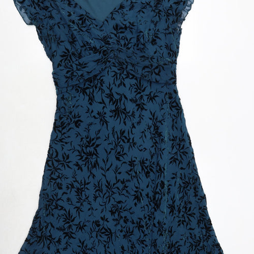 Marks and Spencer Womens Blue Geometric Viscose A-Line Size 18 V-Neck Zip