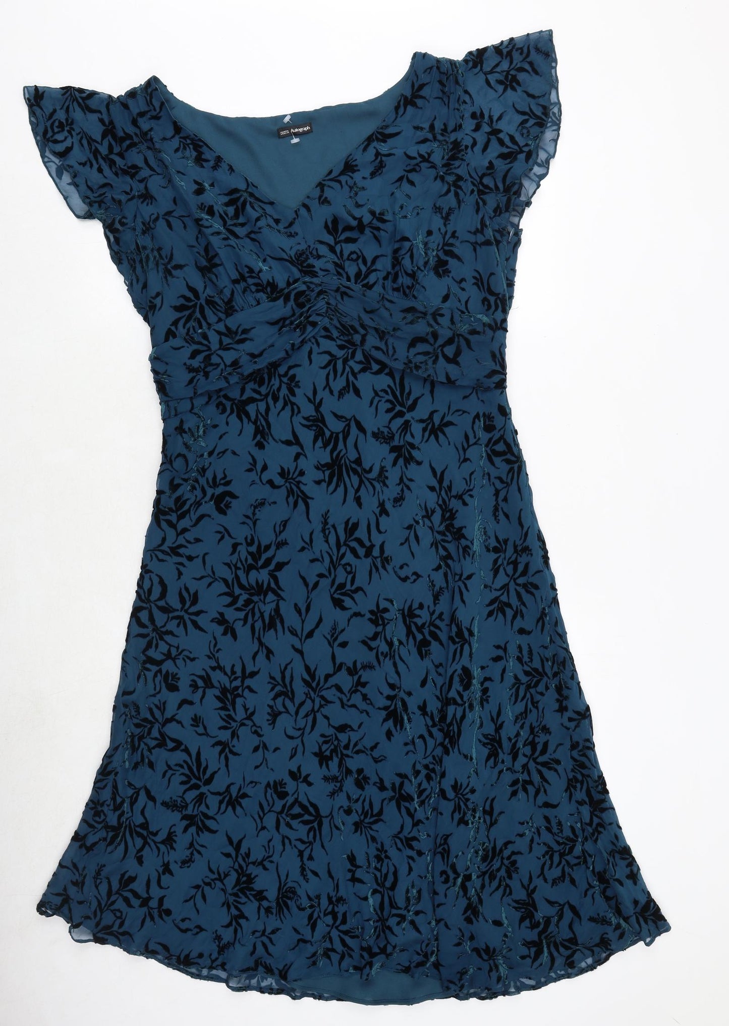 Marks and Spencer Womens Blue Geometric Viscose A-Line Size 18 V-Neck Zip