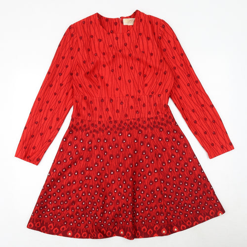 Heikkila Womens Red Geometric Polyester Fit & Flare Size M Round Neck Zip