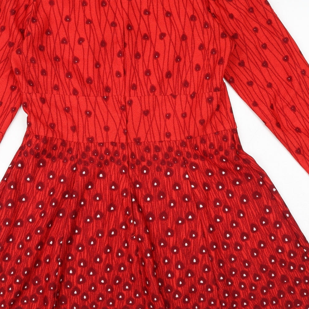 Heikkila Womens Red Geometric Polyester Fit & Flare Size M Round Neck Zip