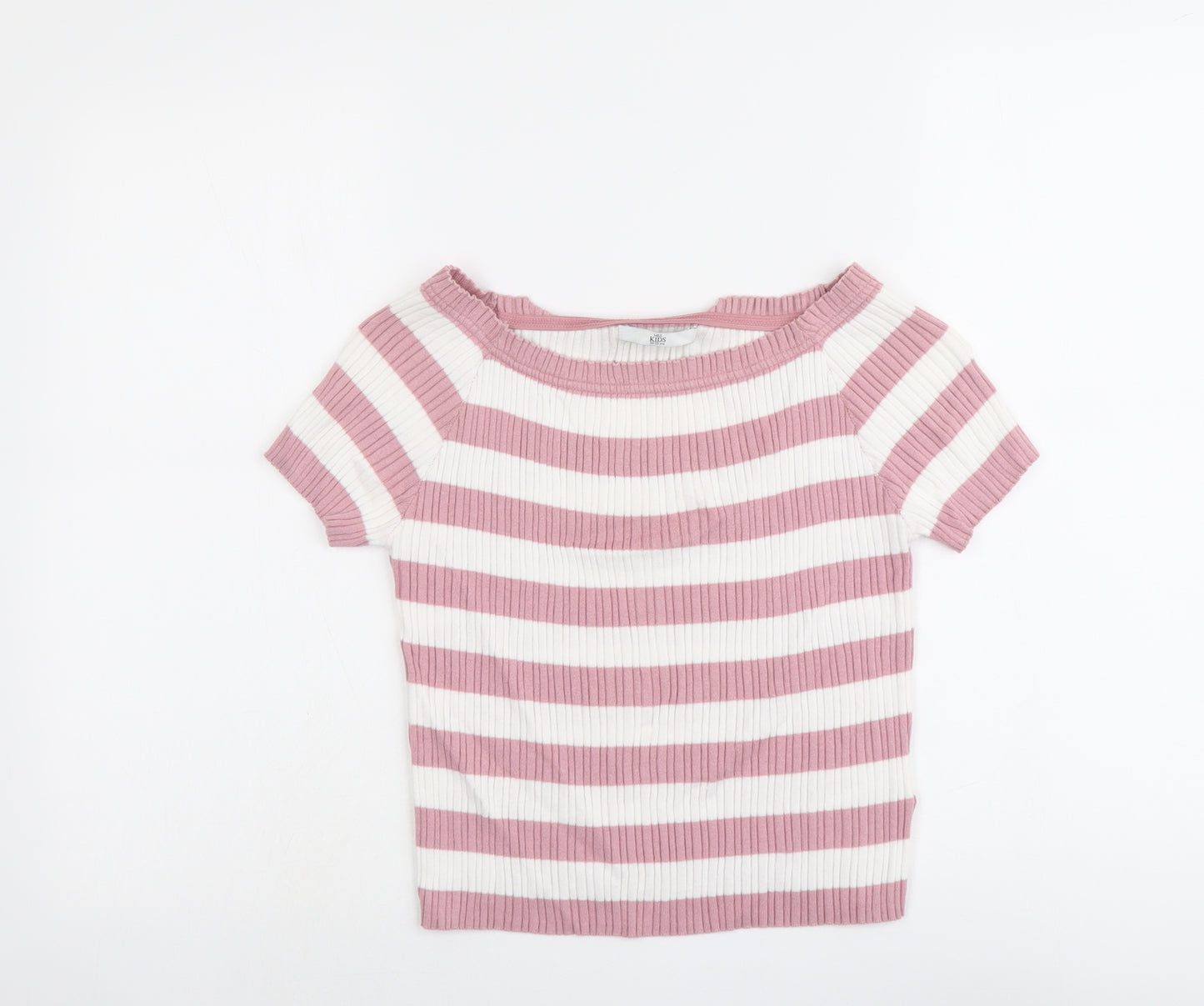 Marks and Spencer Girls Pink Boat Neck Striped Cotton Pullover Jumper Size 12-13 Years Pullover - Ribbed