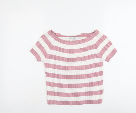 Marks and Spencer Girls Pink Boat Neck Striped Cotton Pullover Jumper Size 12-13 Years Pullover - Ribbed