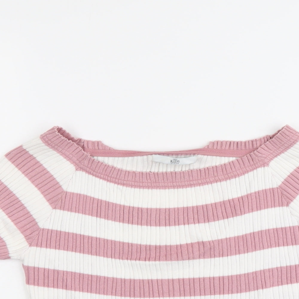 Marks and Spencer Girls Pink Boat Neck Striped Cotton Pullover Jumper Size 12-13 Years Pullover - Ribbed