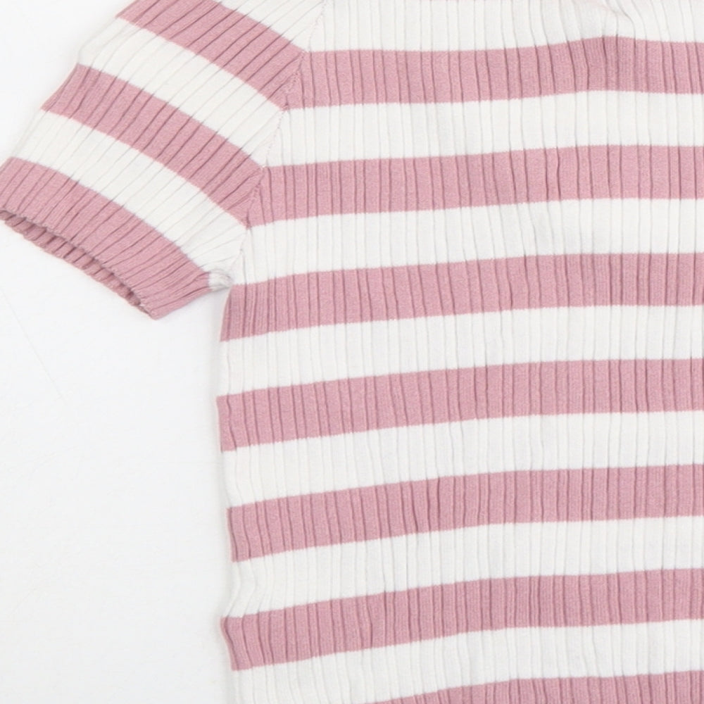 Marks and Spencer Girls Pink Boat Neck Striped Cotton Pullover Jumper Size 12-13 Years Pullover - Ribbed