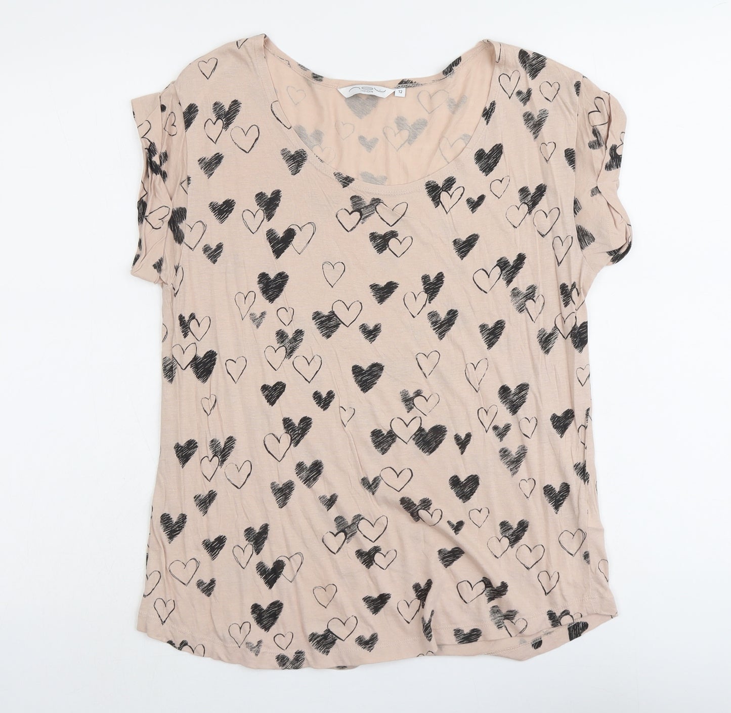 New Look Womens Pink Geometric Cotton Basic T-Shirt Size 12 Round Neck - Heart Pattern