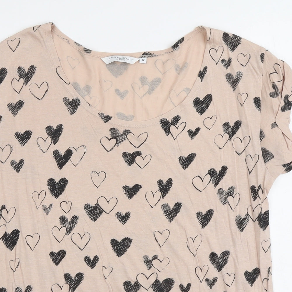 New Look Womens Pink Geometric Cotton Basic T-Shirt Size 12 Round Neck - Heart Pattern