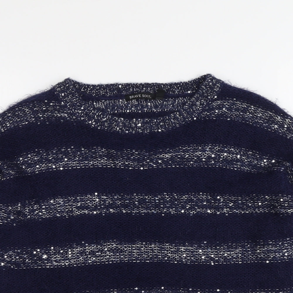 Brave Soul Womens Blue Round Neck Striped Acrylic Pullover Jumper Size 12