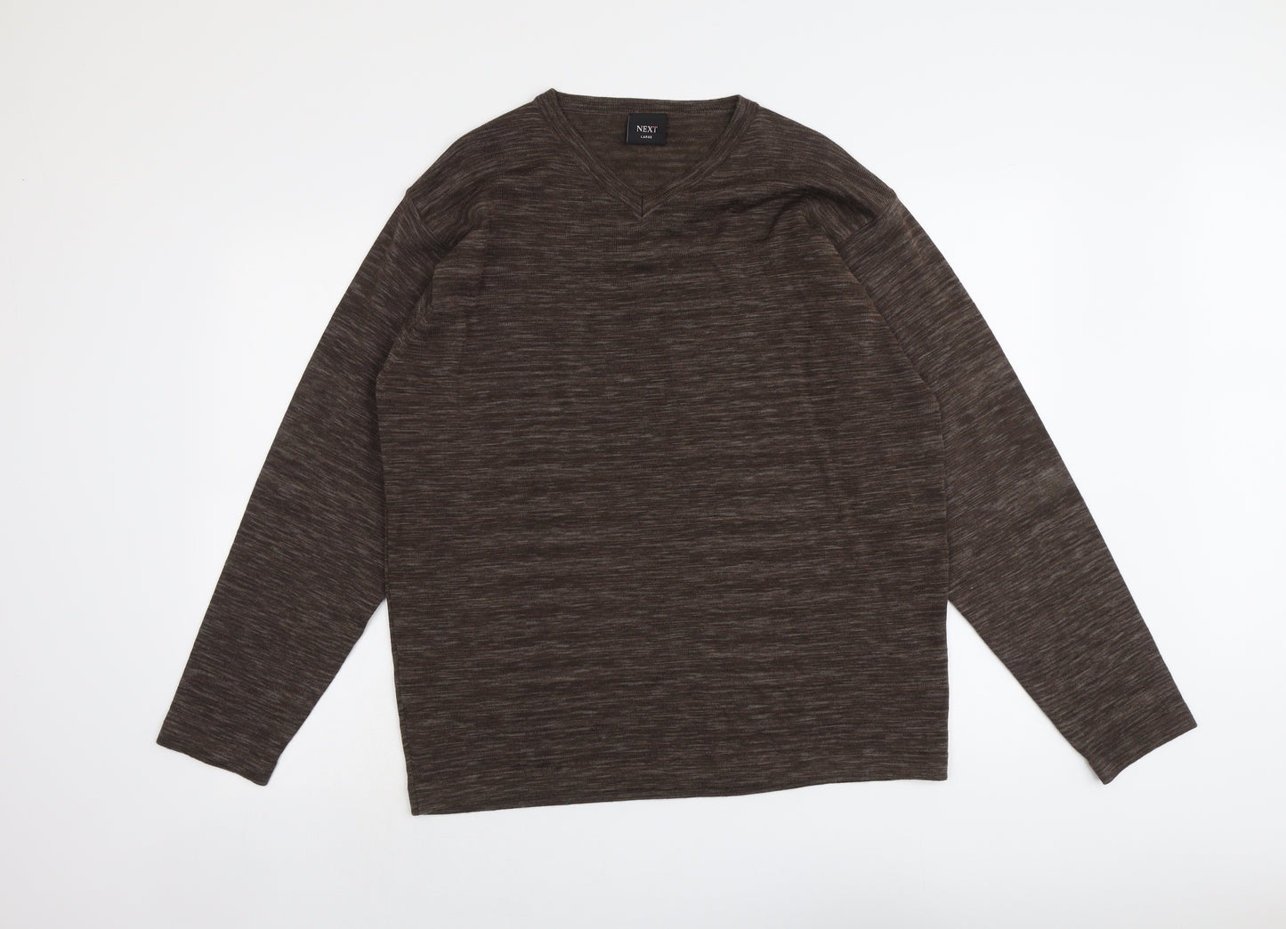 NEXT Mens Brown V-Neck Geometric Wool Pullover Jumper Size L Long Sleeve
