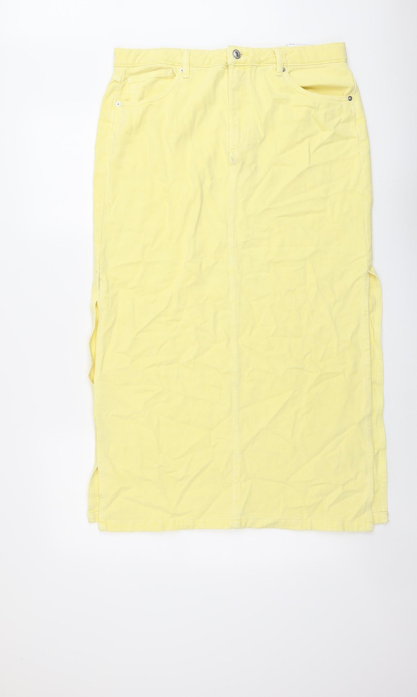 Stradivarius Womens Yellow Cotton A-Line Skirt Size 16 Button