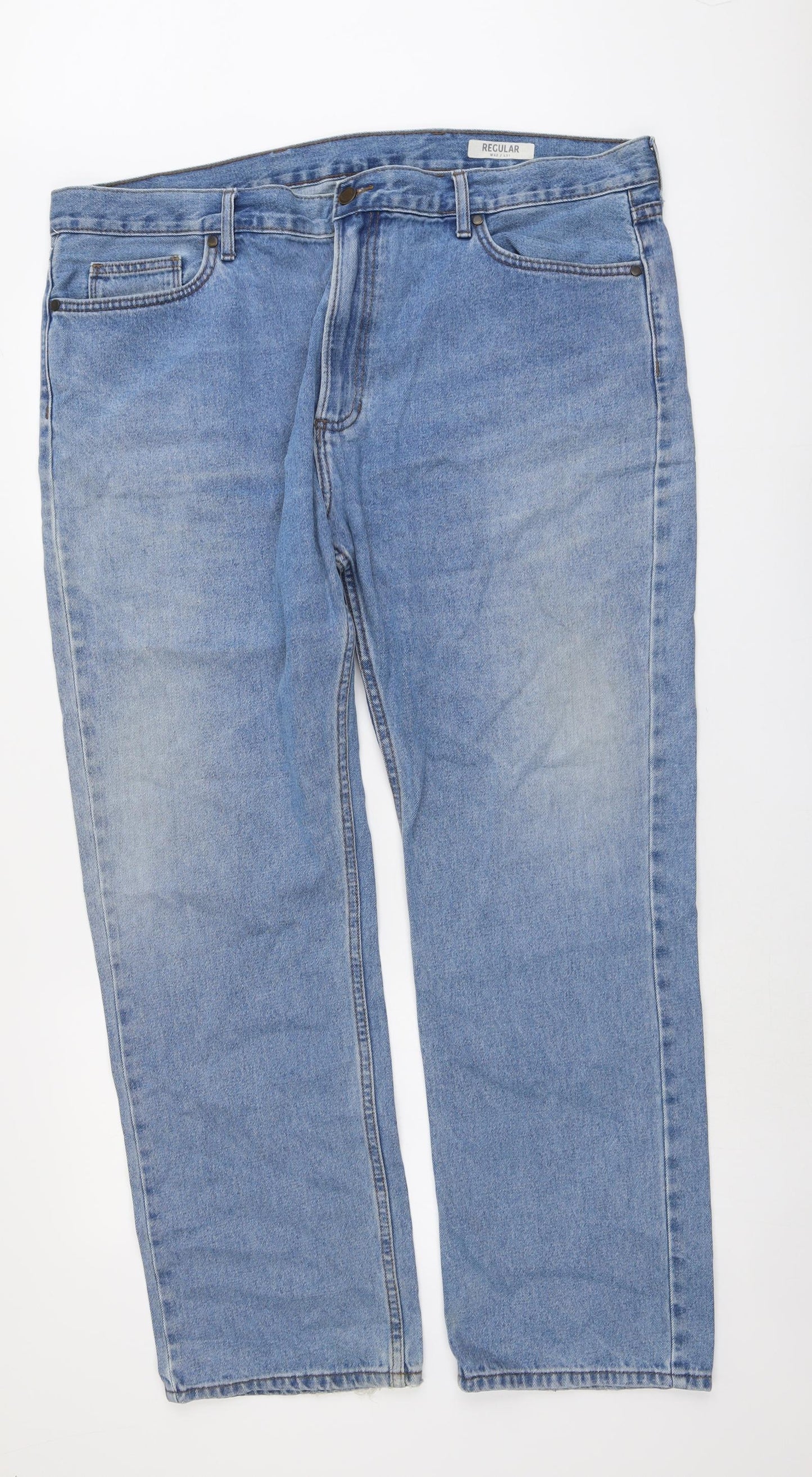 Marks and Spencer Mens Blue Cotton Straight Jeans Size 42 in L31 in Regular Button