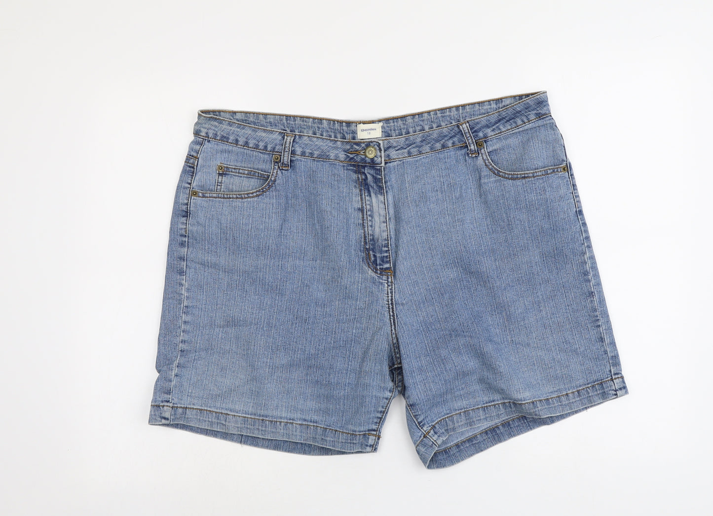Bonmarché Womens Blue Cotton Mom Shorts Size 18 L6 in Regular Button