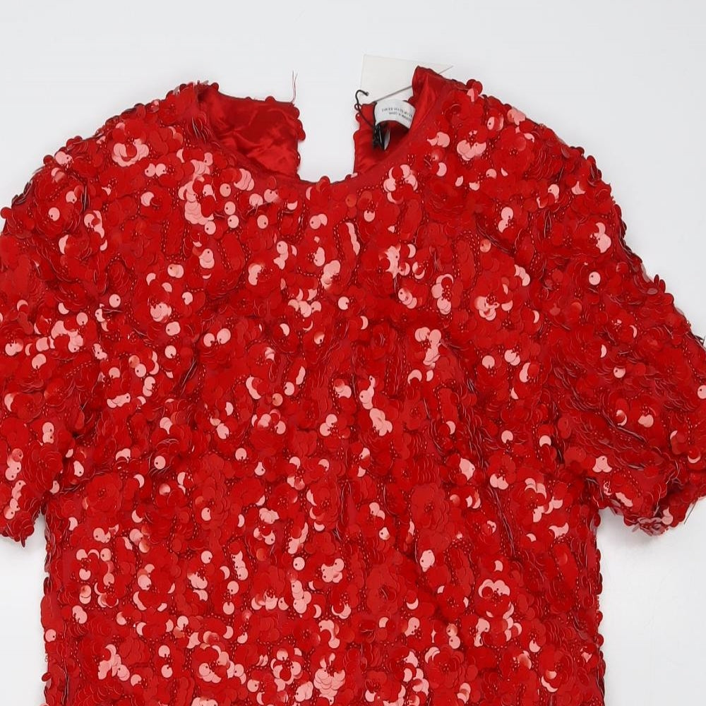 Zara Womens Red Viscose A-Line Size XS Round Neck Button