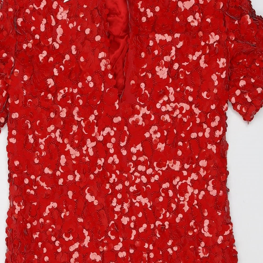 Zara Womens Red Viscose A-Line Size XS Round Neck Button