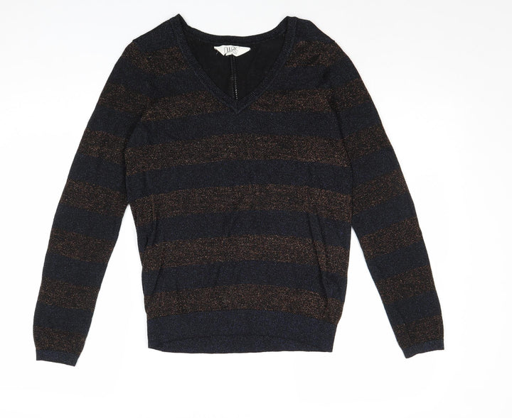 Nine Savannah Miller Womens Multicoloured V-Neck Striped Viscose Pullover Jumper Size 10