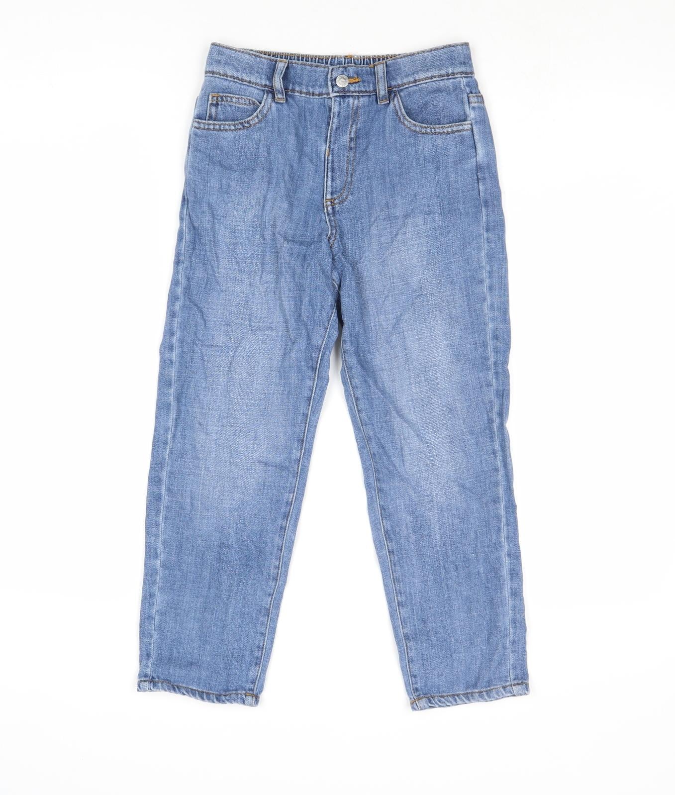 Marks and Spencer Girls Blue Cotton Tapered Jeans Size 7-8 Years Regular Button