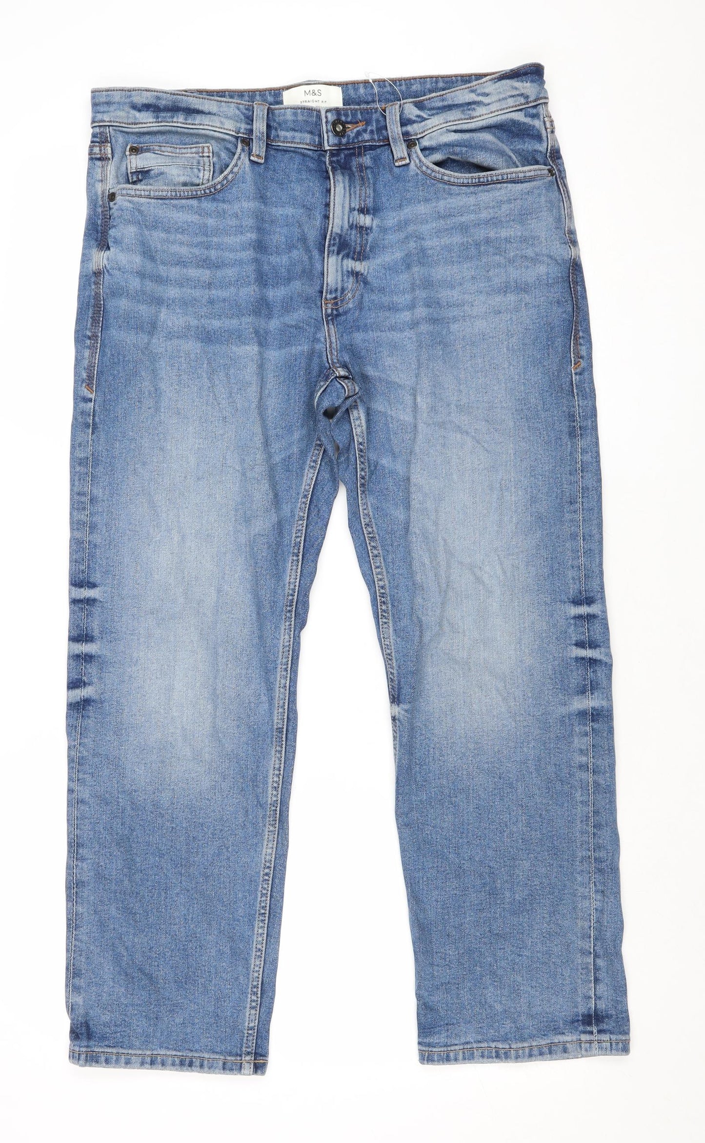 Marks and Spencer Mens Blue Cotton Straight Jeans Size 34 in Regular Zip