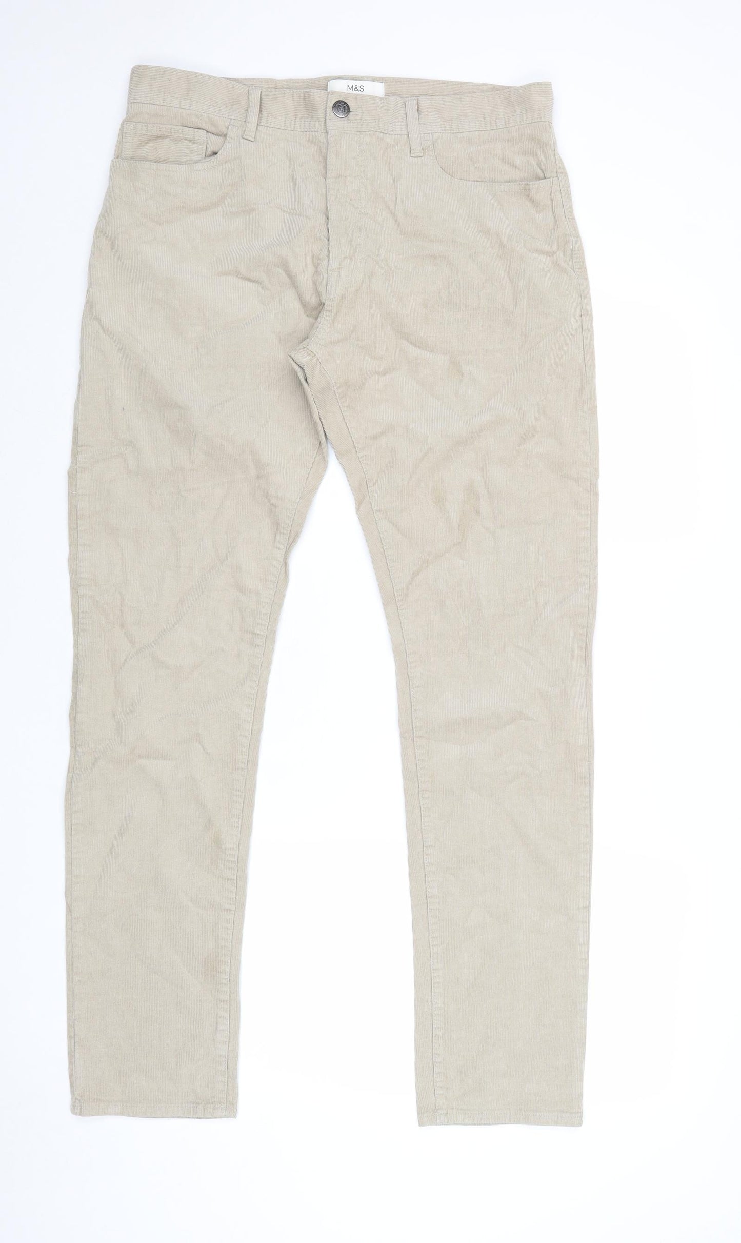 Marks and Spencer Mens Beige Cotton Trousers Size 34 in Regular Zip