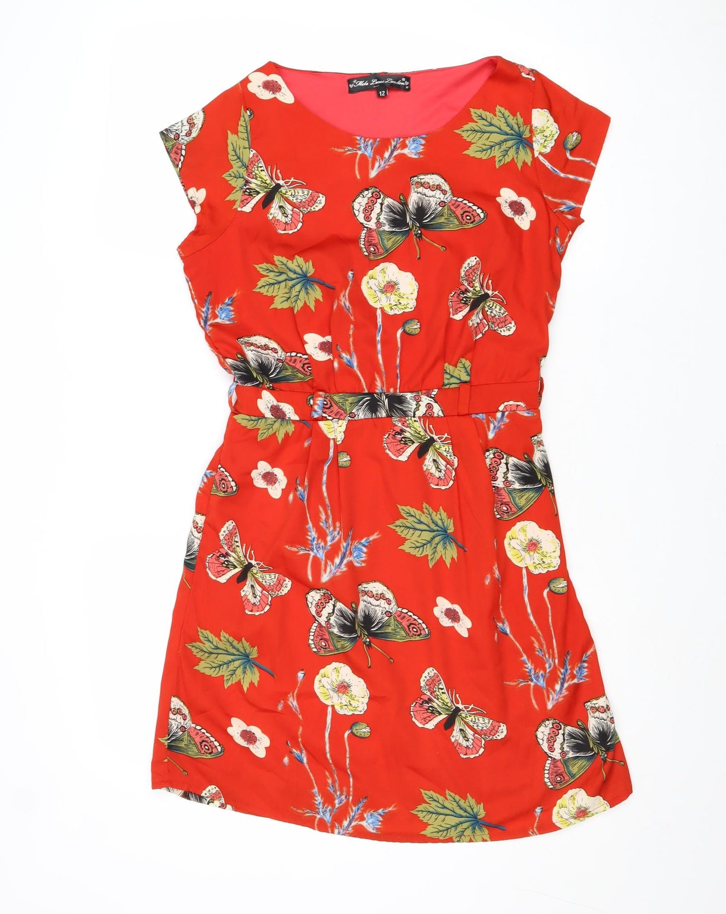 Mela Loves London Womens Red Floral Polyester Trapeze & Swing Size 12 Round Neck Zip - Butterfly Pattern