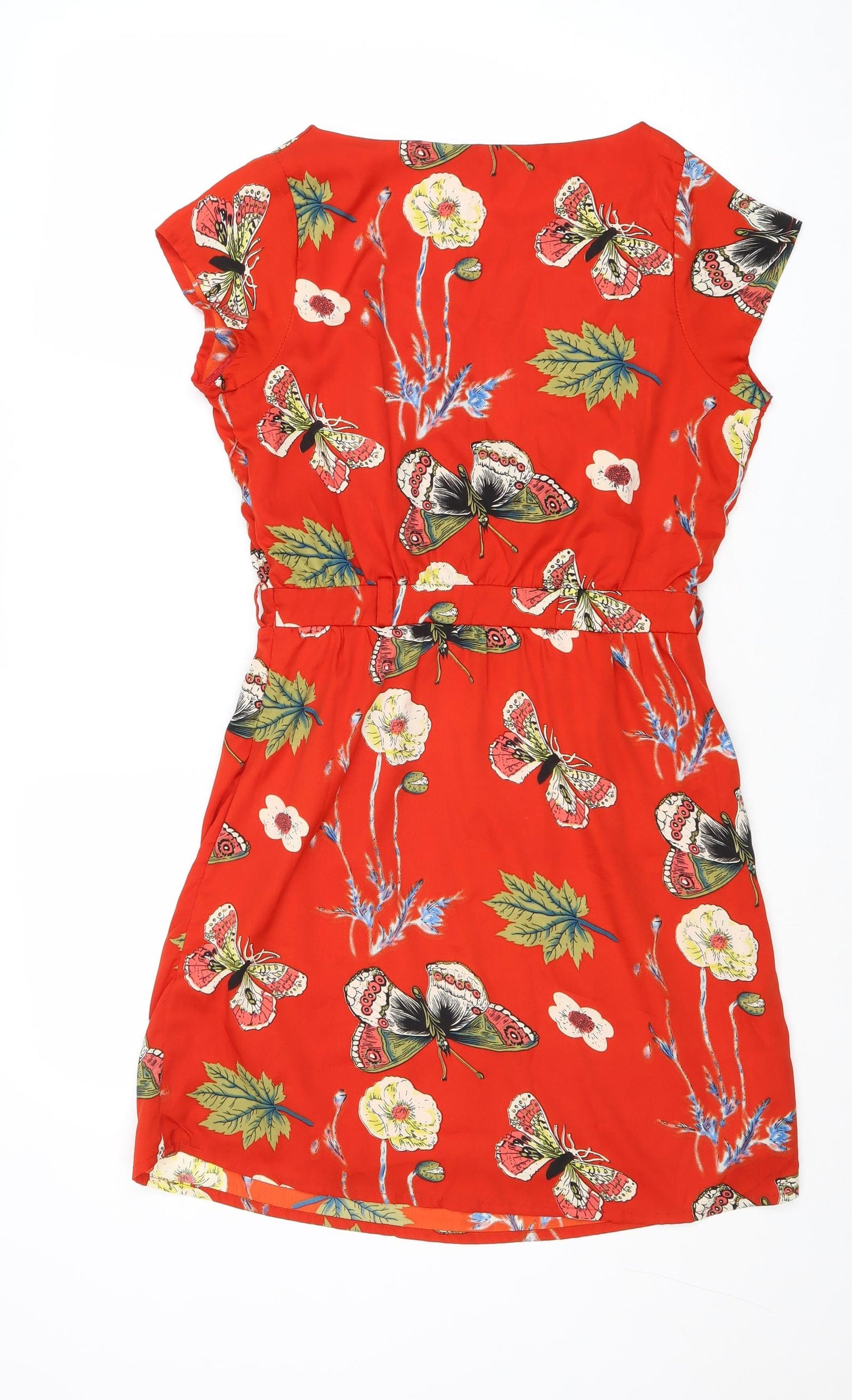 Mela Loves London Womens Red Floral Polyester Trapeze & Swing Size 12 Round Neck Zip - Butterfly Pattern