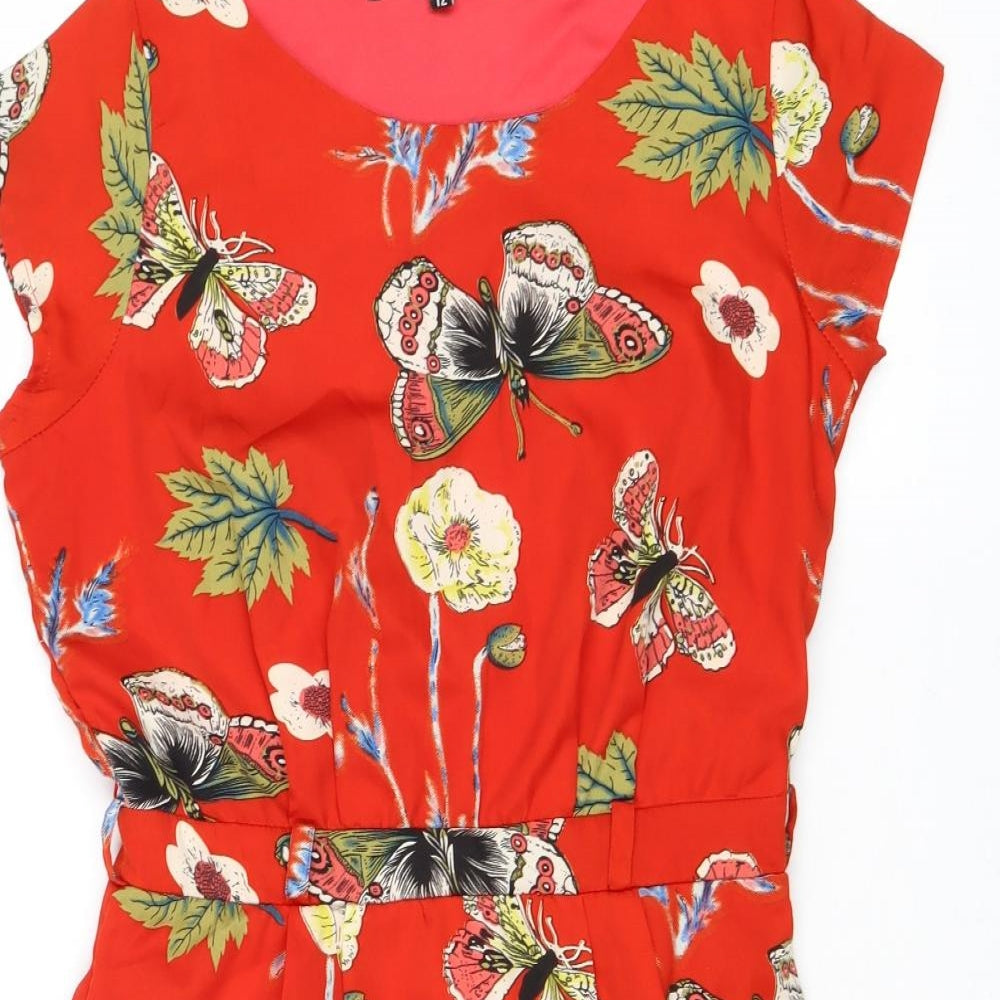 Mela Loves London Womens Red Floral Polyester Trapeze & Swing Size 12 Round Neck Zip - Butterfly Pattern