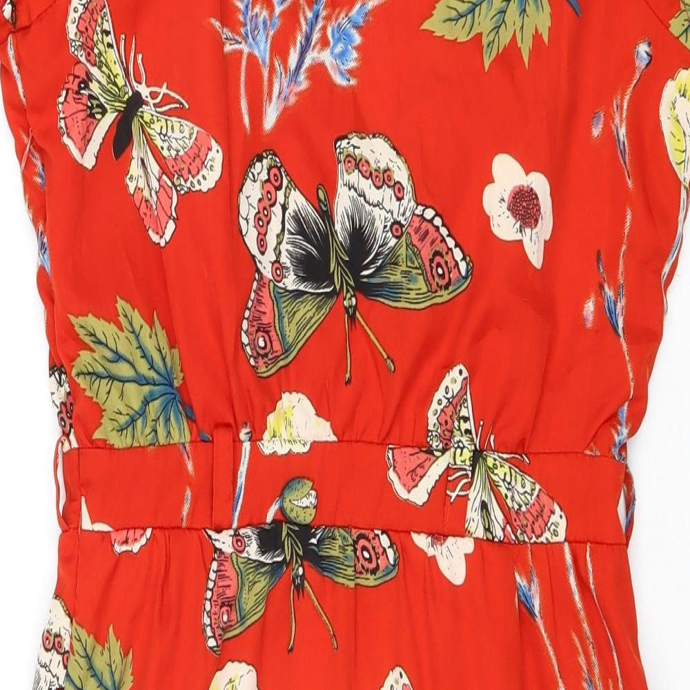 Mela Loves London Womens Red Floral Polyester Trapeze & Swing Size 12 Round Neck Zip - Butterfly Pattern