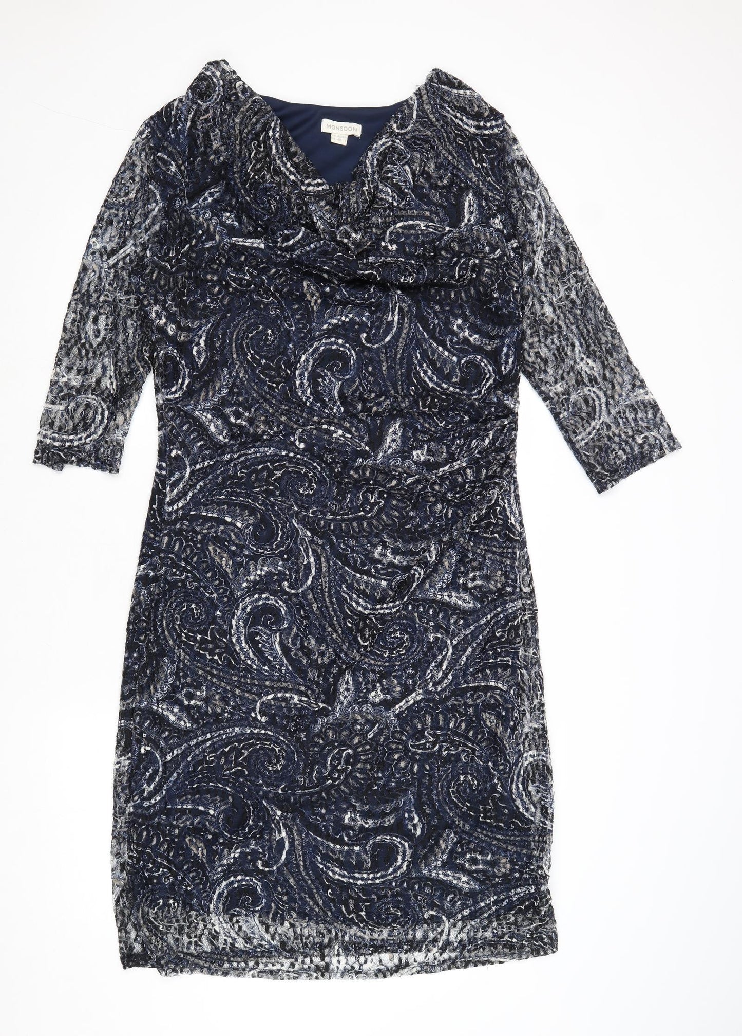 Monsoon Womens Blue Geometric Polyester A-Line Size 18 Cowl Neck Pullover