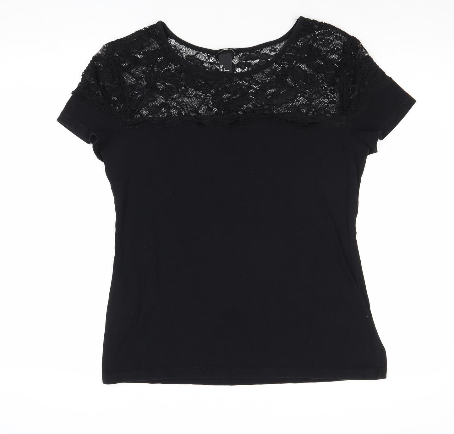 H&M Womens Black Cotton Basic T-Shirt Size L Round Neck - Lace Neckline