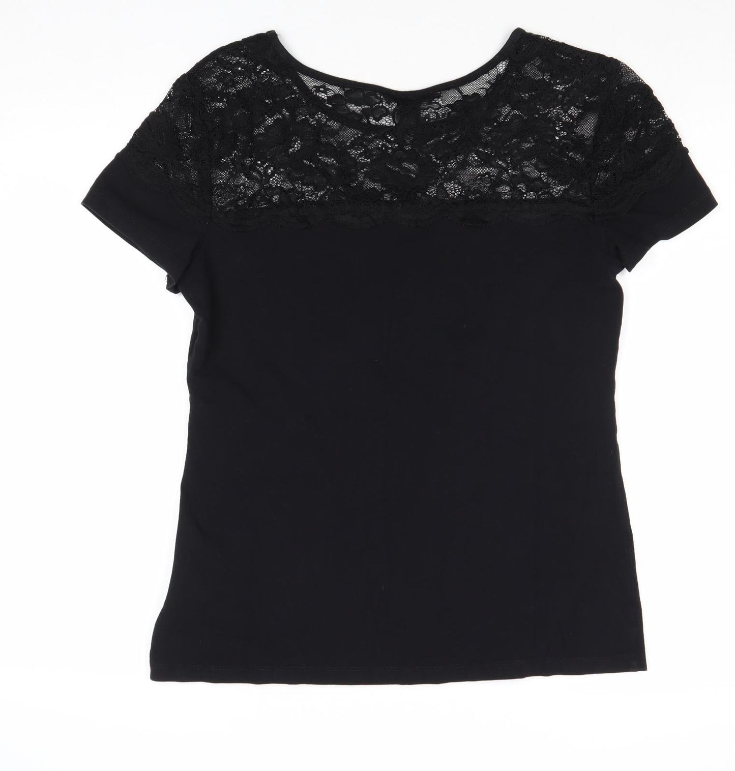 H&M Womens Black Cotton Basic T-Shirt Size L Round Neck - Lace Neckline