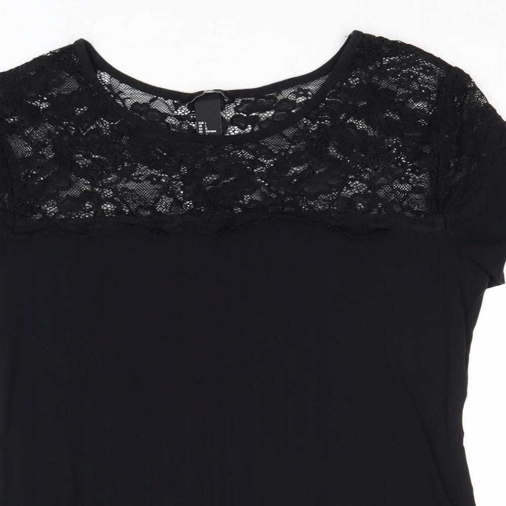 H&M Womens Black Cotton Basic T-Shirt Size L Round Neck - Lace Neckline