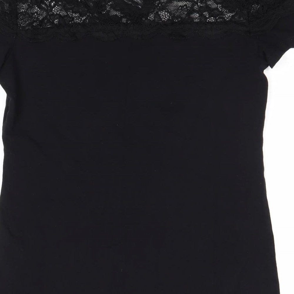H&M Womens Black Cotton Basic T-Shirt Size L Round Neck - Lace Neckline