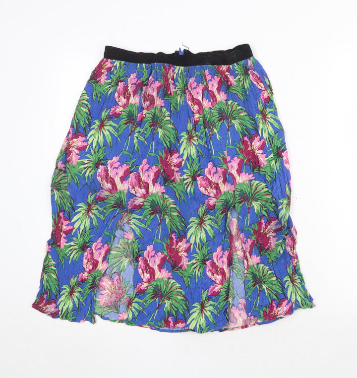Topshop Womens Blue Floral Viscose Swing Skirt Size 10 Zip