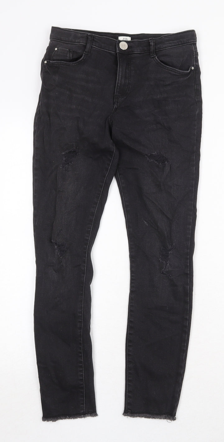 River Island Girls Black Cotton Skinny Jeans Size 12 Years Regular Zip - Distressed
