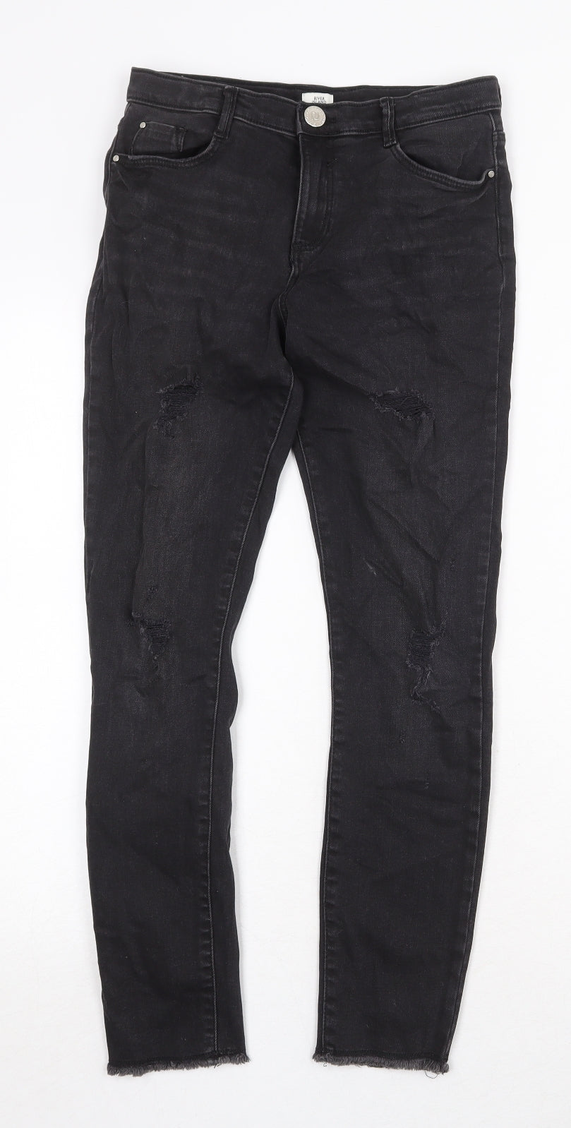 River Island Girls Black Cotton Skinny Jeans Size 12 Years Regular Zip - Distressed