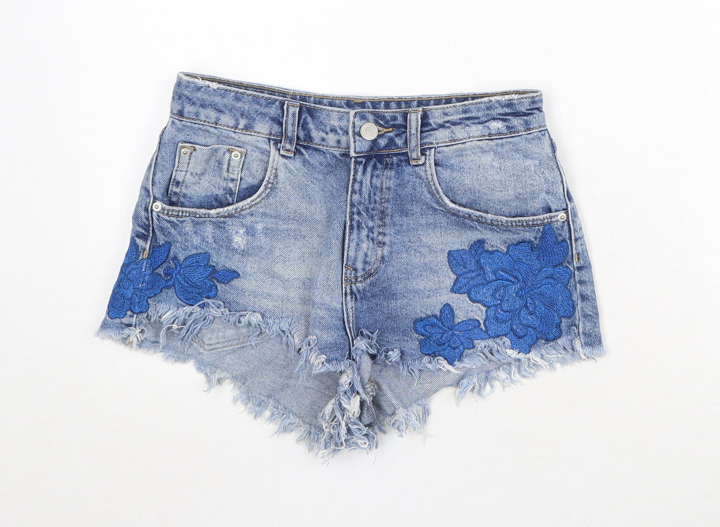 Zara Womens Blue Cotton Cut-Off Shorts Size 4 Regular Zip - Appliqués