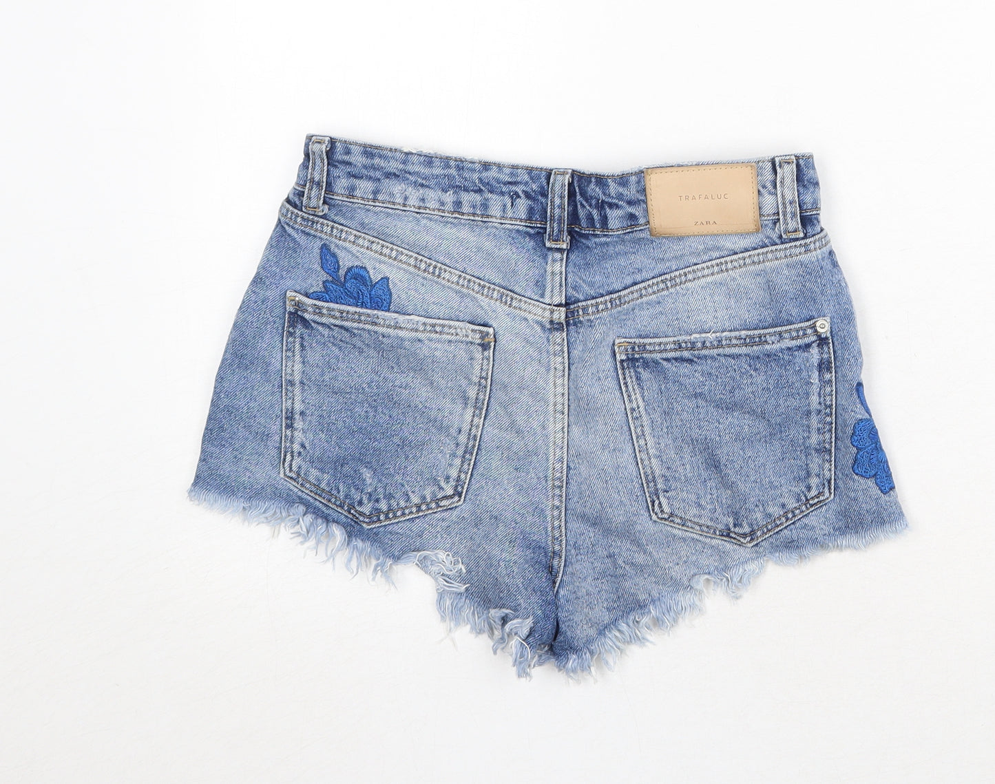 Zara Womens Blue Cotton Cut-Off Shorts Size 4 Regular Zip - Appliqués