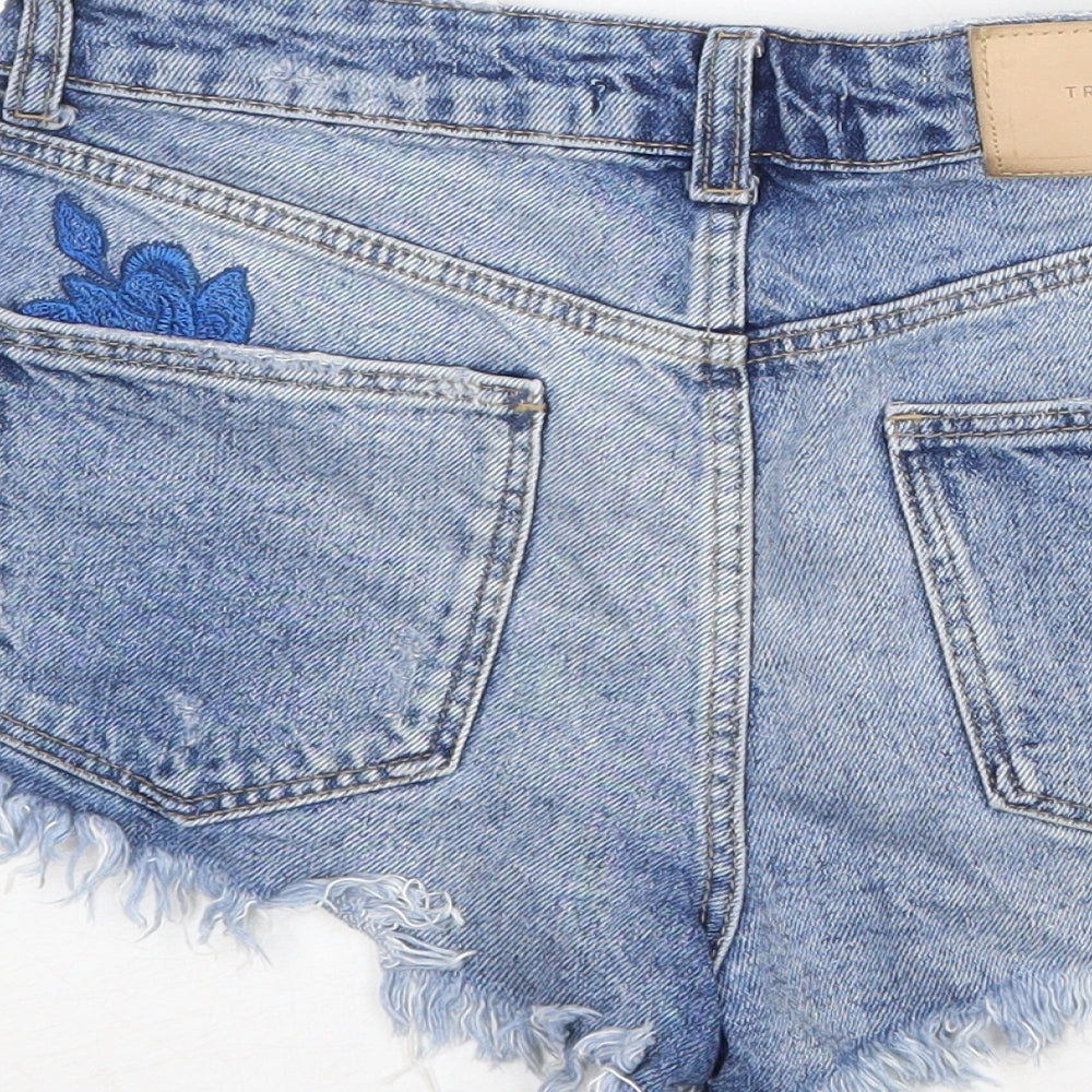 Zara Womens Blue Cotton Cut-Off Shorts Size 4 Regular Zip - Appliqués