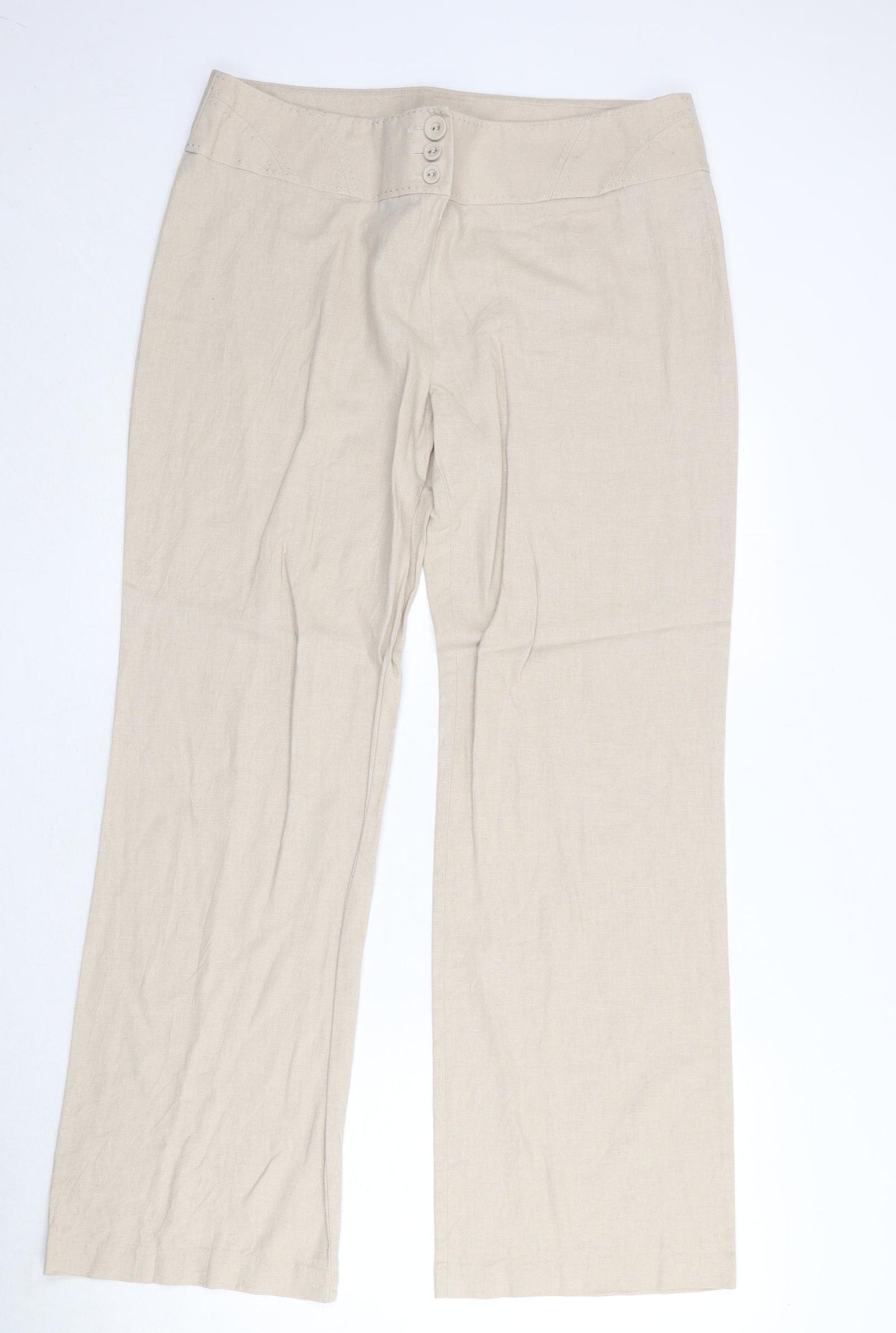 Marks and Spencer Womens Beige Linen Trousers Size 16 Regular Zip