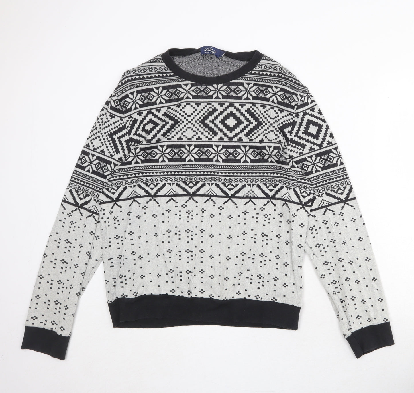 Topshop Mens Grey Fair Isle Cotton Pullover Sweatshirt Size L