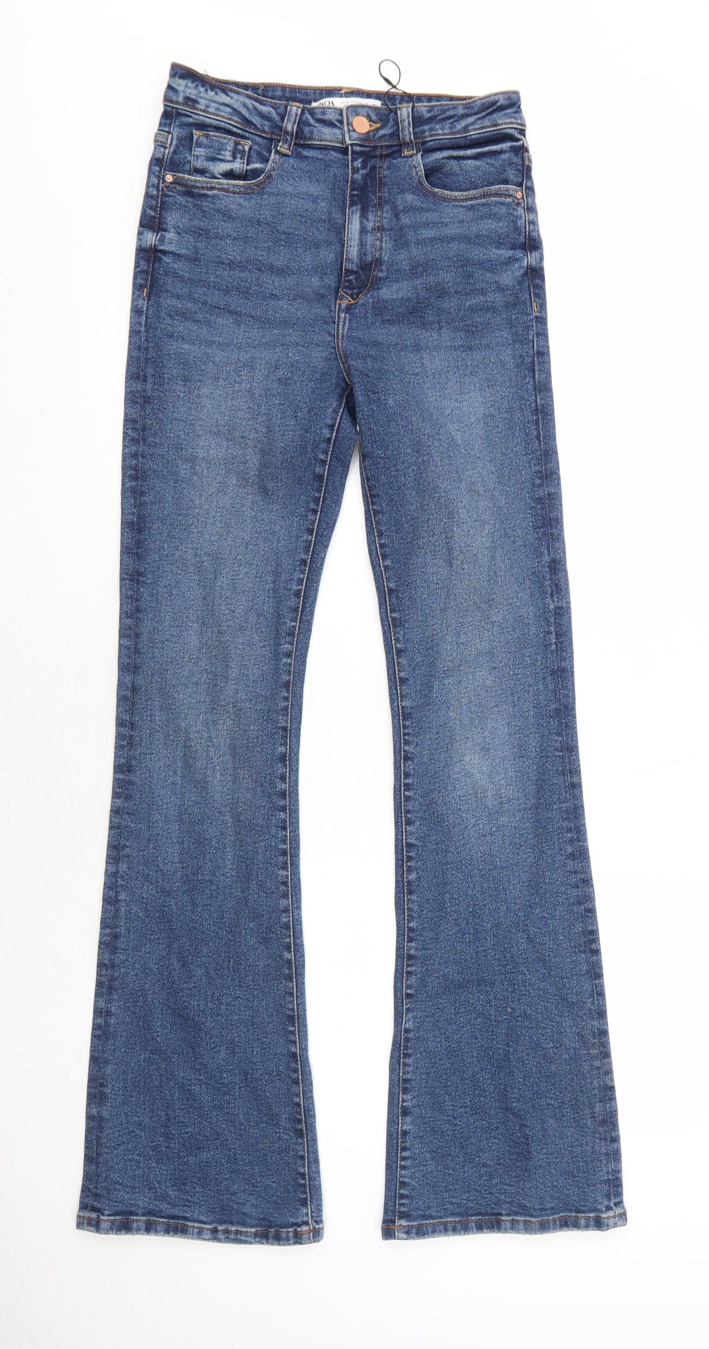 Zara Womens Blue Cotton Bootcut Jeans Size 10 Regular Zip