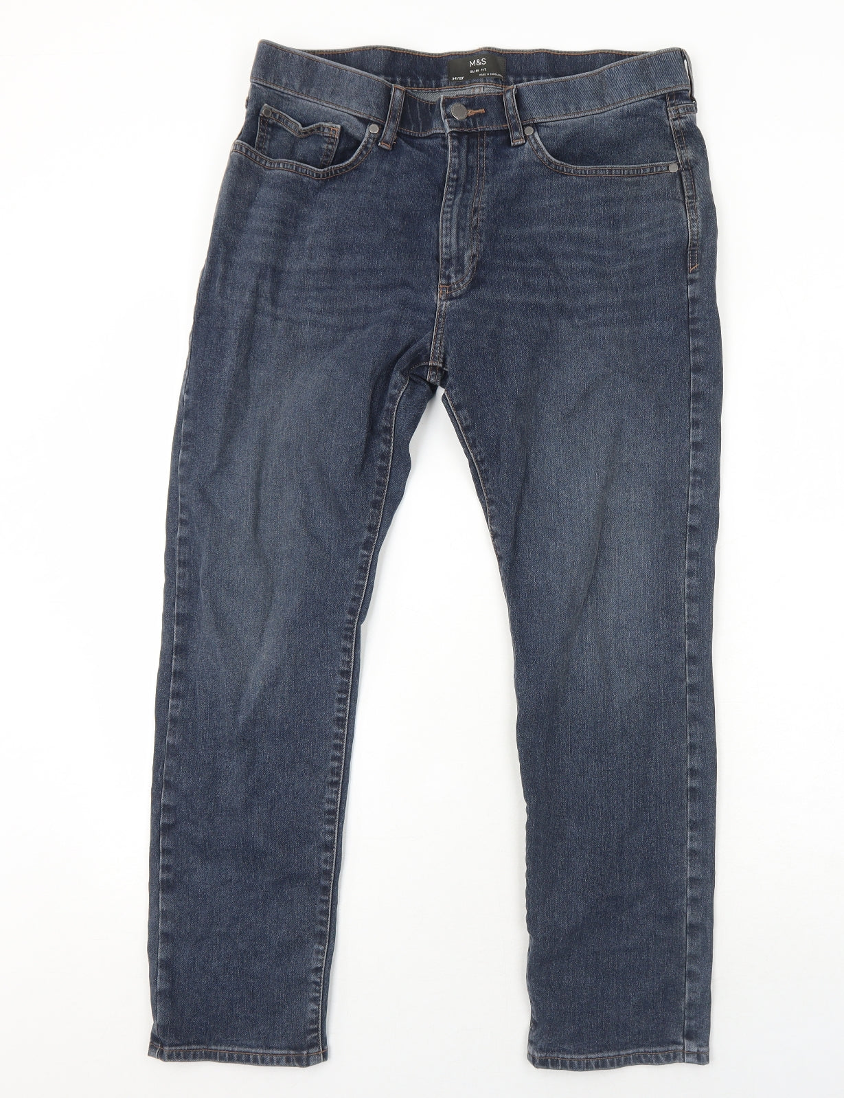 Marks and Spencer Mens Blue Cotton Straight Jeans Size 34 in L29 in Regular Zip