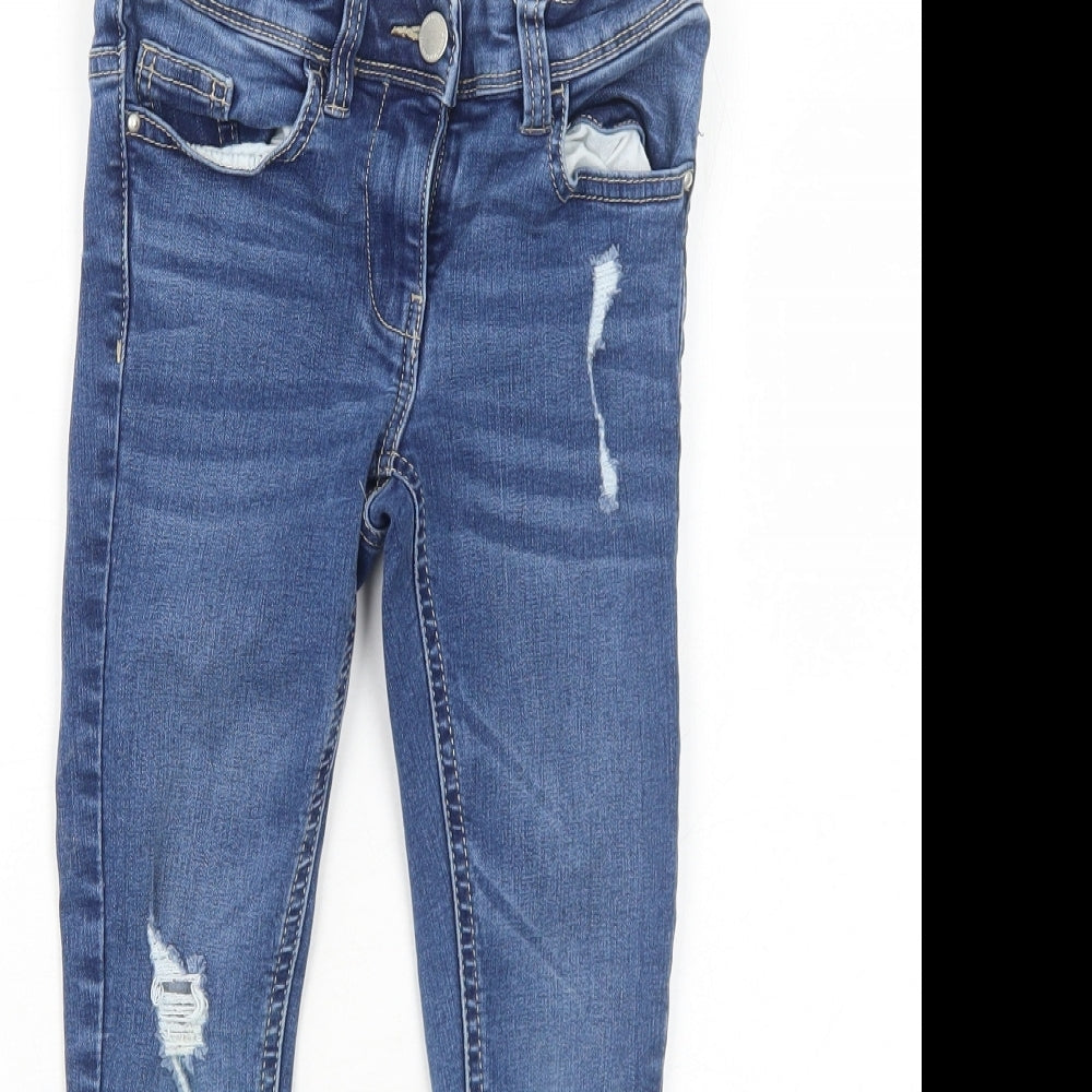NEXT Girls Blue Cotton Skinny Jeans Size 7 Years Regular Zip - Distressed